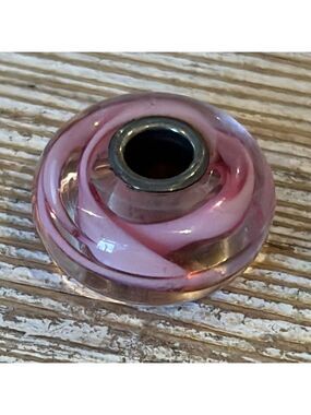 TROLLBEADS rose ribbon glass bead pink glass charm sterling silver core